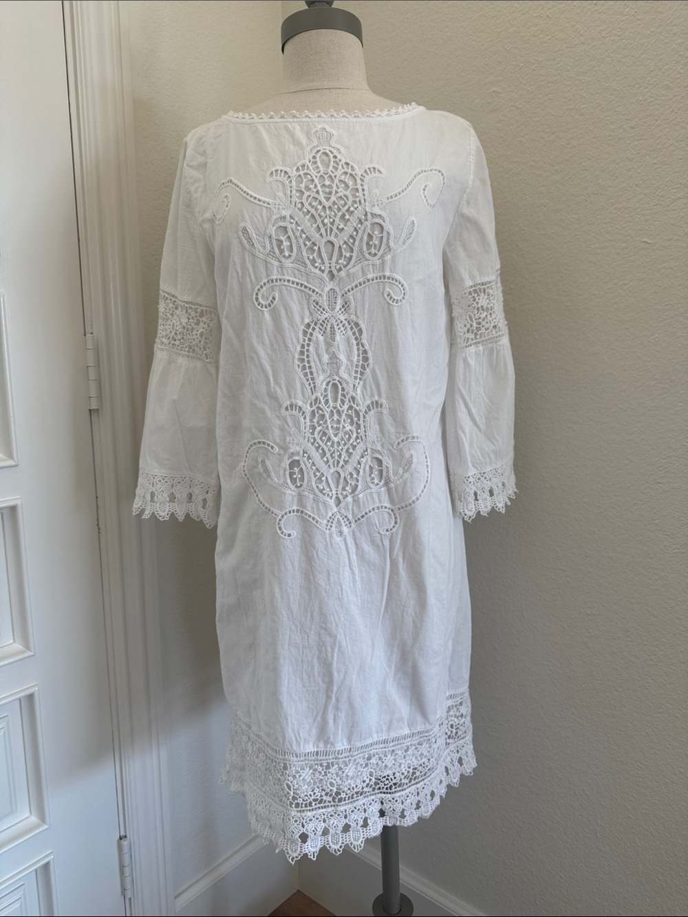 Ralph Lauren White Embroidered Lace-Trim Long Sleeve Dress
